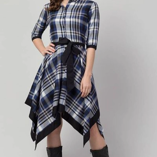 Blue Cotton Checked Wrap Dress 