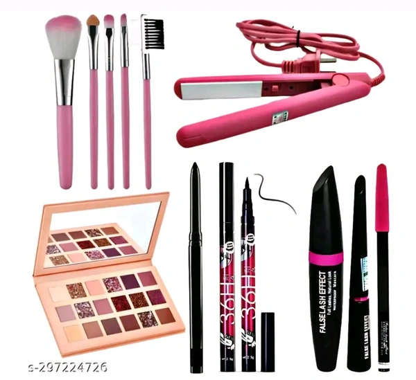 CLASSY MAKEUP COMBO OF EYE SHADOW MAKEUP KIT+3 IN 1+5 PCS BRUSH SET+MINI HAIR STRAIGHTENER+36H& KAJAL - Free Size