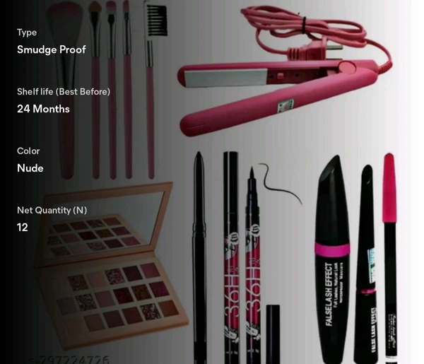 CLASSY MAKEUP COMBO OF EYE SHADOW MAKEUP KIT+3 IN 1+5 PCS BRUSH SET+MINI HAIR STRAIGHTENER+36H& KAJAL - Free Size