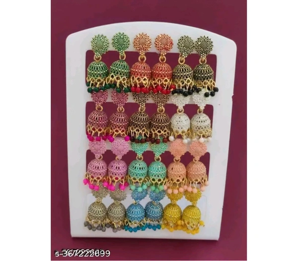 Ethnic Western India Oxidized Gold Plated small Jhumki Earring For Women And Girls (Combo Of 12 Pair) In Color Green, Red, Black, Pink, Maroon, White, Peach, Pista, Baby Pink, Grey, Aqua, Yellow - Free Size