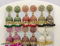 Ethnic Western India Oxidized Gold Plated small Jhumki Earring For Women And Girls (Combo Of 12 Pair) In Color Green, Red, Black, Pink, Maroon, White, Peach, Pista, Baby Pink, Grey, Aqua, Yellow - Free Size