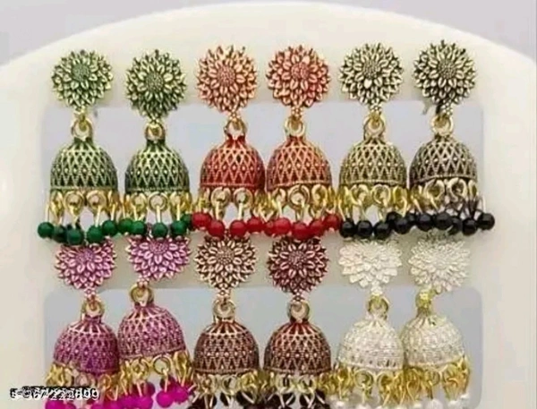 Ethnic Western India Oxidized Gold Plated small Jhumki Earring For Women And Girls (Combo Of 12 Pair) In Color Green, Red, Black, Pink, Maroon, White, Peach, Pista, Baby Pink, Grey, Aqua, Yellow - Free Size