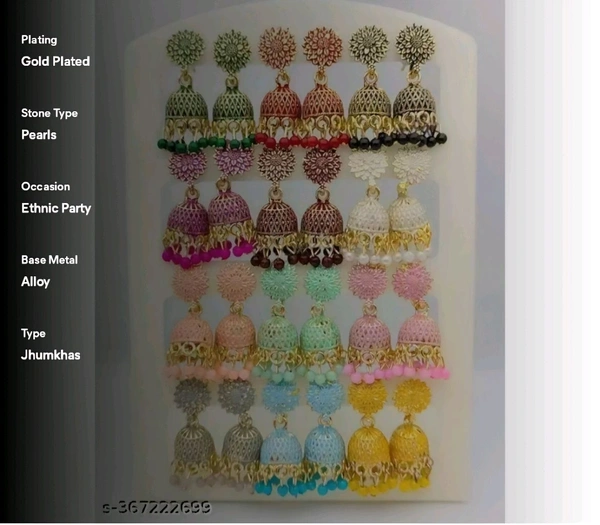 Ethnic Western India Oxidized Gold Plated small Jhumki Earring For Women And Girls (Combo Of 12 Pair) In Color Green, Red, Black, Pink, Maroon, White, Peach, Pista, Baby Pink, Grey, Aqua, Yellow - Free Size