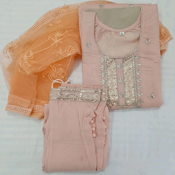 Twokart Embroidery Cotton Blend Kurta, Pant, Duppata Set Suit (Peach, Size M, SUIT3)