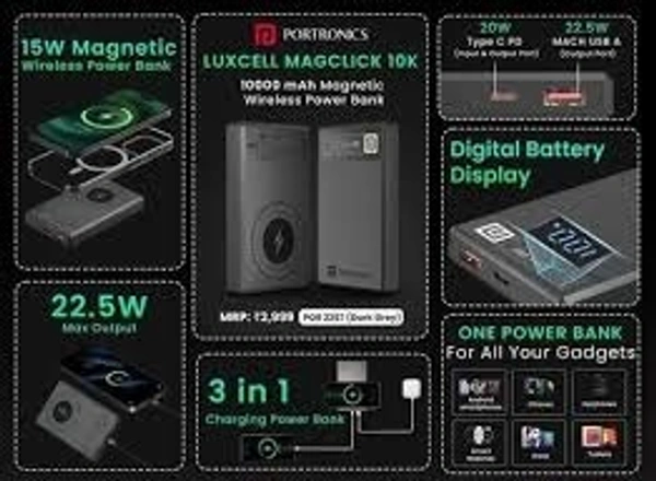 PORTRONICS LUXCELL MAGCLICK 10K MAGNETIC POWER BANK - Gray