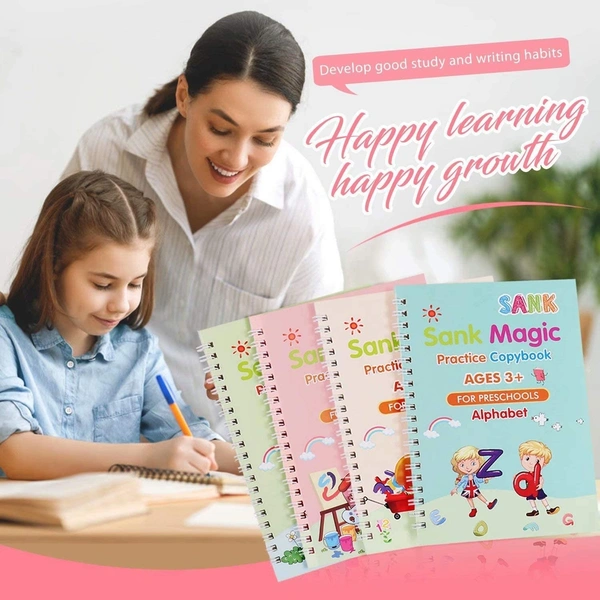 Large Size Reusable Kids Handwriting Practice Copybook Set - 4pcs (Alphabet, Numbers, Drawing, Math) with Pens - Deep Groove Calligraphy for Preschool - 