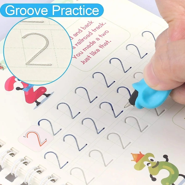 Large Size Reusable Kids Handwriting Practice Copybook Set - 4pcs (Alphabet, Numbers, Drawing, Math) with Pens - Deep Groove Calligraphy for Preschool - 