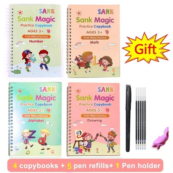 Large Size Reusable Kids Handwriting Practice Copybook Set - 4pcs (Alphabet, Numbers, Drawing, Math) with Pens - Deep Groove Calligraphy for Preschool - 