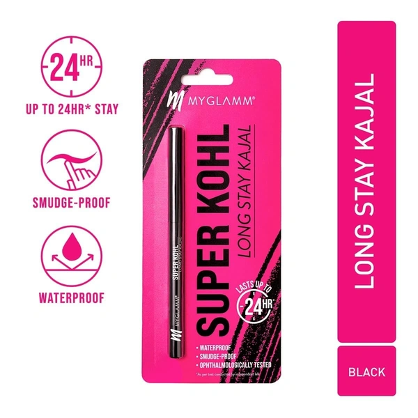 MyGlamm Super Kohl Kajal - Black | Smudge-Proof, Waterproof, Long-Lasting Matte Eye Pencil - Black
