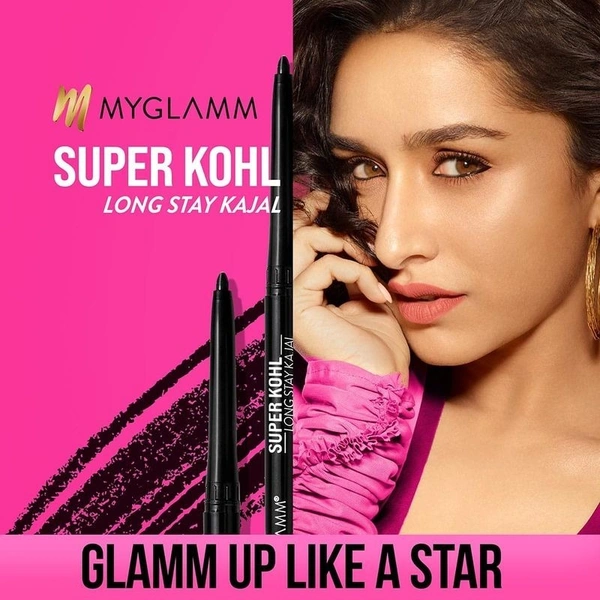 MyGlamm Super Kohl Kajal - Black | Smudge-Proof, Waterproof, Long-Lasting Matte Eye Pencil - Black