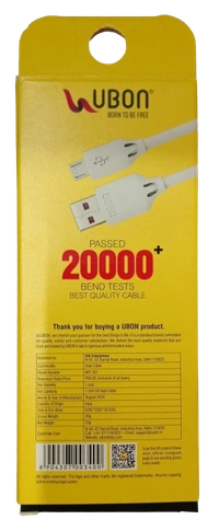 UBON CIRRUS Series – 15W V8 Charging Cable” “Fast Charging, Safe Use - White, Black