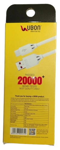 UBON Cirrus Series WR-267 | 15W Type-C Data & Charging Cable - White, Black
