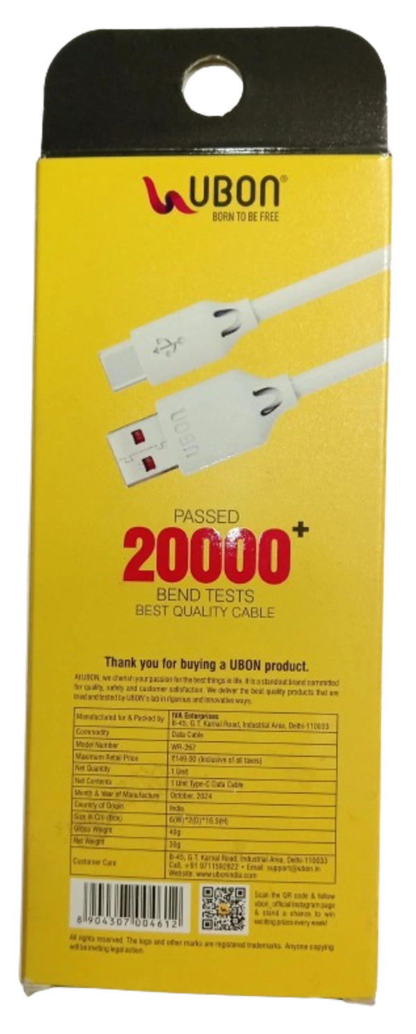 UBON Cirrus Series WR-267 | 15W Type-C Data & Charging Cable - White, Black