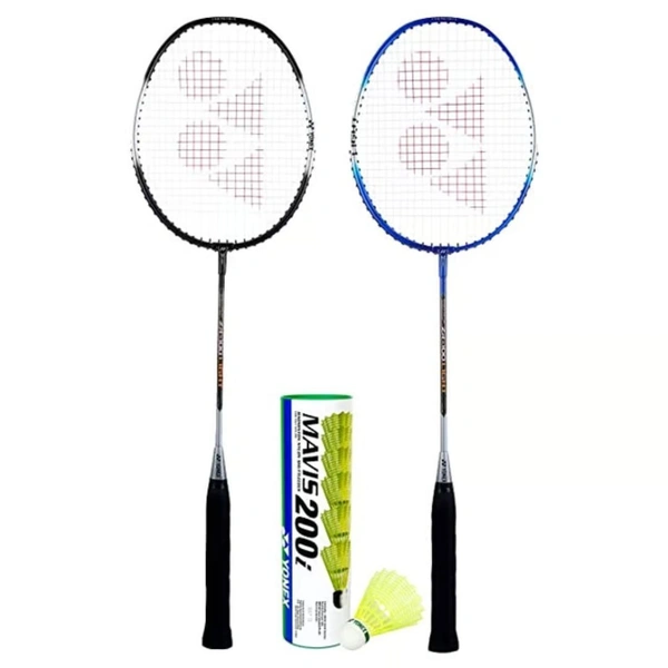 KD YONEX ZR 100 Set of 2 Aluminum Light Badminton Racquet with Full Cover Black-Blue, Mavis 200I Shuttlecock - Combo Pack of 6