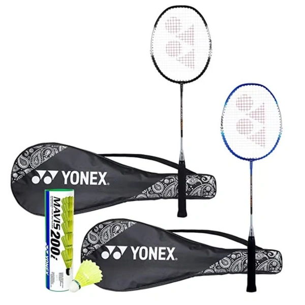 KD YONEX ZR 100 Set of 2 Aluminum Light Badminton Racquet with Full Cover Black-Blue, Mavis 200I Shuttlecock - Combo Pack of 6