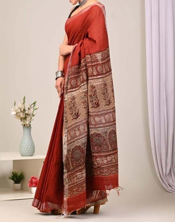 : Linen saree with beautiful Digital Printed pallu   - Cut:-  6.30 mtr