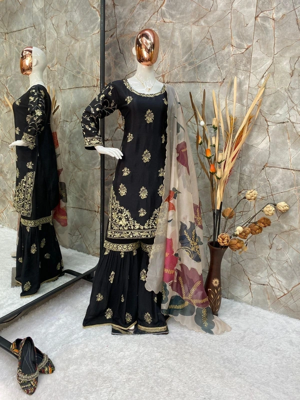 SHARARA AND DUPATTA SHUIT - DUPATTA: ORGANZA WITH DIGITAL PRINT AND HEAVY SEQUENCE WORK 2.2meter