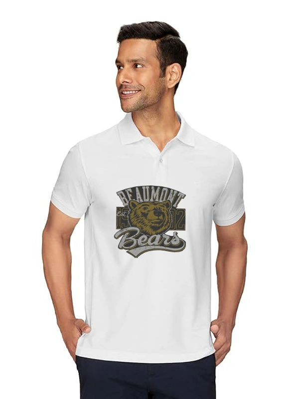  White Polycotton Bear Printed Polos T-Shirt For Men - L, White