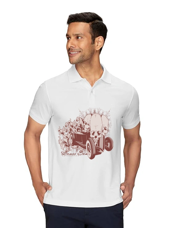 Stylish Car Printed White Polycotton Polos T-Shirt For Men - L, White