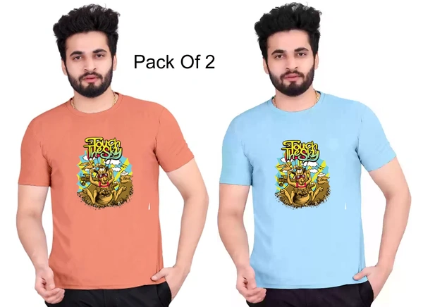 Stylish Round Neck Colour Printed Polycotton Tshirt Pack Of 2 - M, Sky Blue