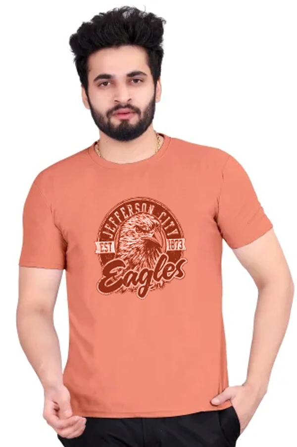 Stylish Round Neck eagle printad polycotton tshirt  - L, Light Orange