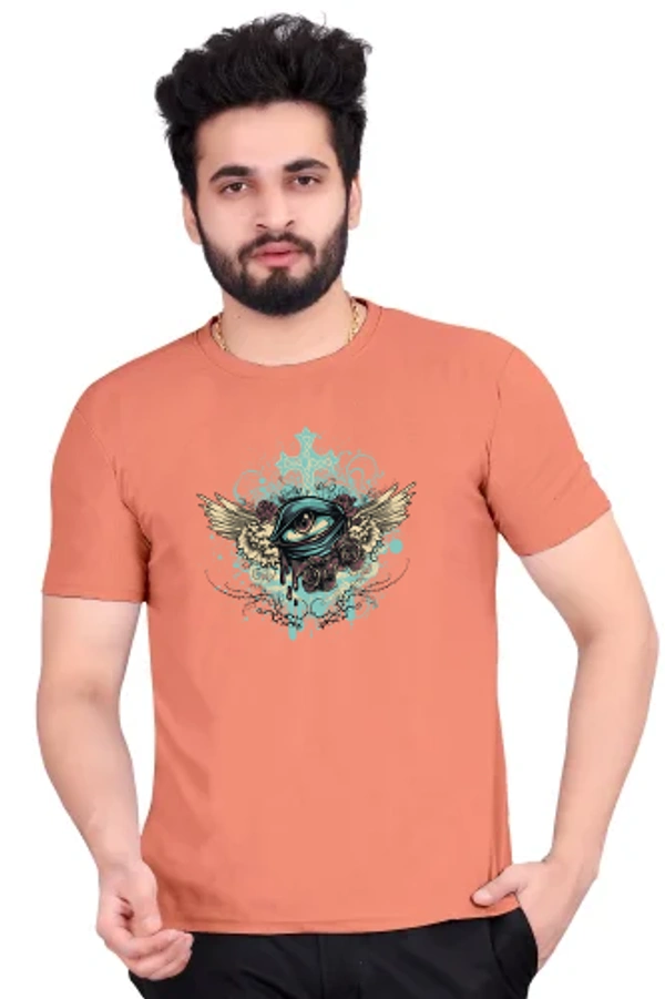 Round Neck Eye printed polycotton men tshirt - M, Light Orange
