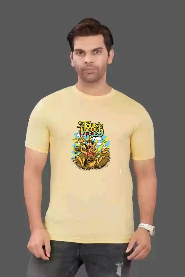 Round Neck Colour Cartoon Printed Half Sleeve Poly cotton Tshirt  - Light Yellow, M