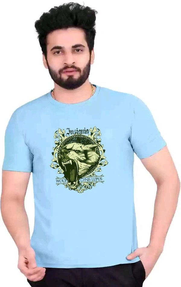 Round Neck Colour Bheriye Printed Half Sleeve Poly cotton Tshirt  - Sky Blue, M