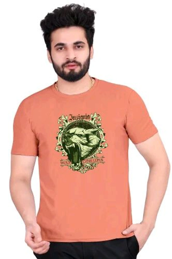 Round Neck Colour Bheriye Printed Half Sleeve Poly cotton Tshirt  - Light Orange, M