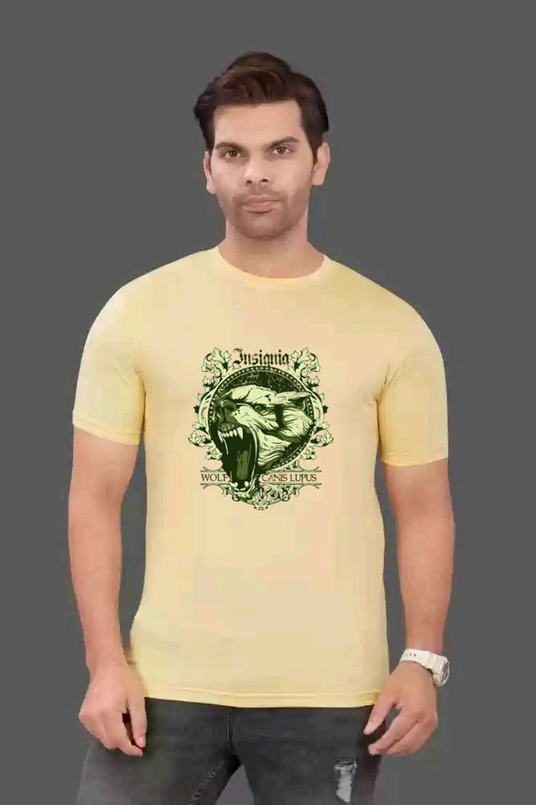Round Neck Colour Bheriye Printed Half Sleeve Poly cotton Tshirt  - Light Yellow, M