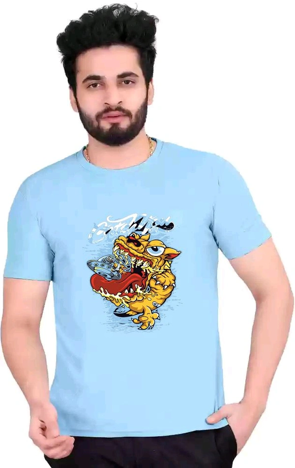 Round Neck Colour Duck Cartoon Printed Half Sleeve Poly cotton Tshirt - Sky Blue, L