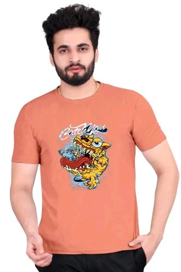 Round Neck Colour Duck Cartoon Printed Half Sleeve Poly cotton Tshirt - Light Orange, L