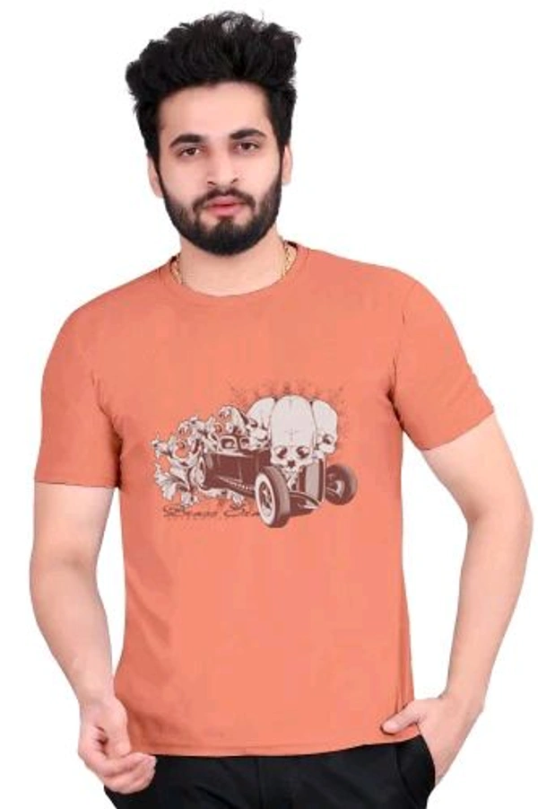 Round Neck Colour Car Printed Half Sleeve Poly cotton Tshirt - Light Orange, M