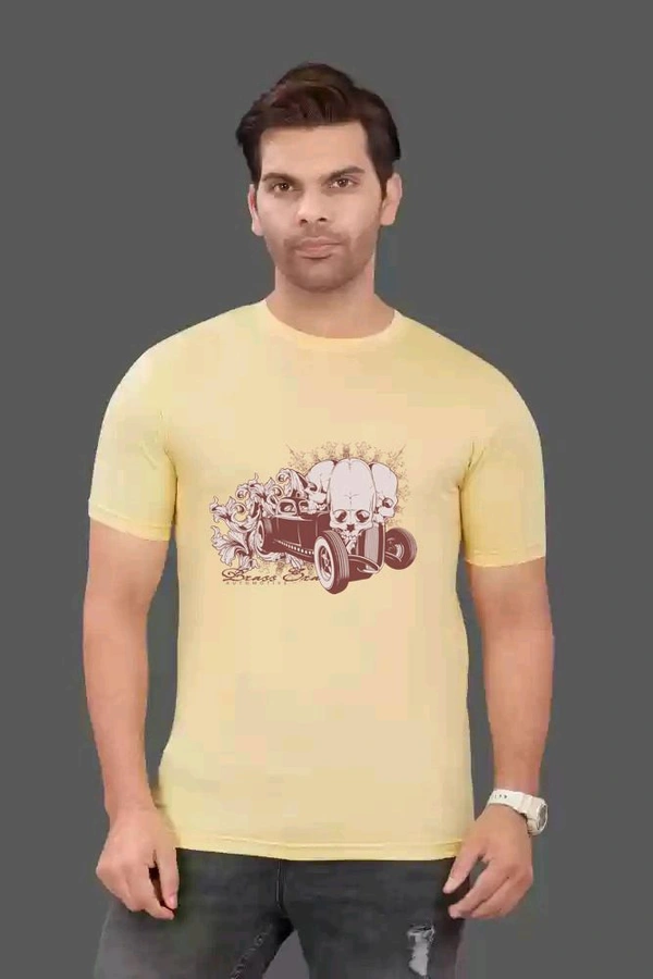 Round Neck Colour Car Printed Half Sleeve Poly cotton Tshirt - Light Yellow, M