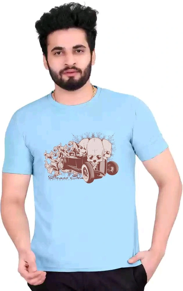 Round Neck Colour Car Printed Half Sleeve Poly cotton Tshirt - Sky Blue, L