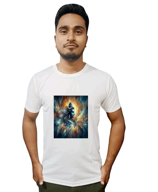 Stylish Mahadeb Printed Polystar White Tshirt - White, L