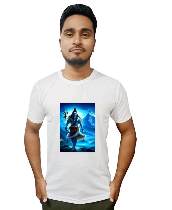 Stylish Mahadeb Printed Polystar White Tshirt - White, M