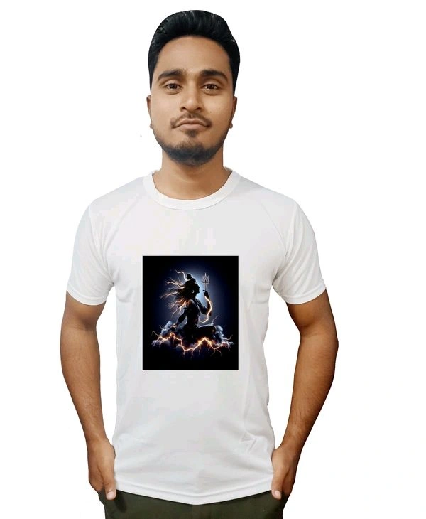 Stylish Mahadeb Printed Polystar White Tshirt - White, L
