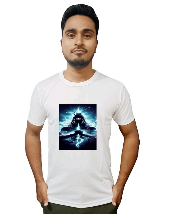 Stylish Mahadeb Printed Polystar White Tshirt - White, M