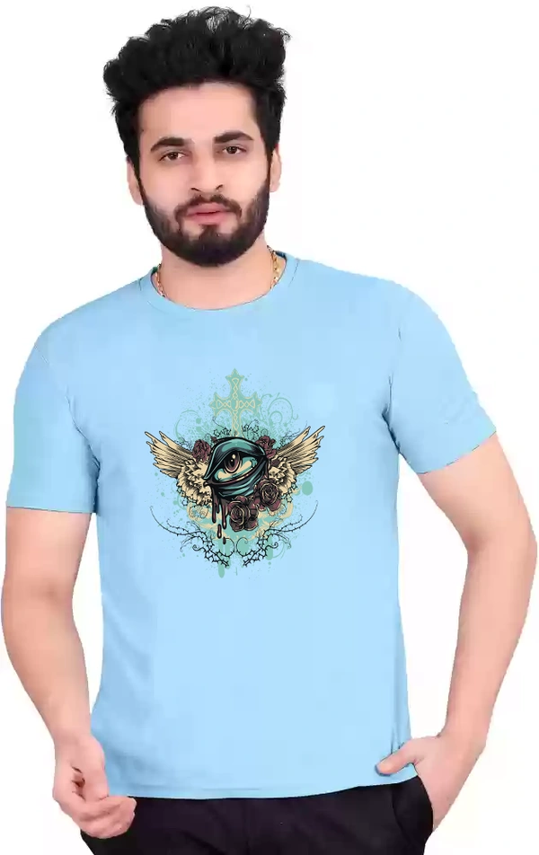 Round Neck Eye printed polycotton men tshirt - L, Sky Blue