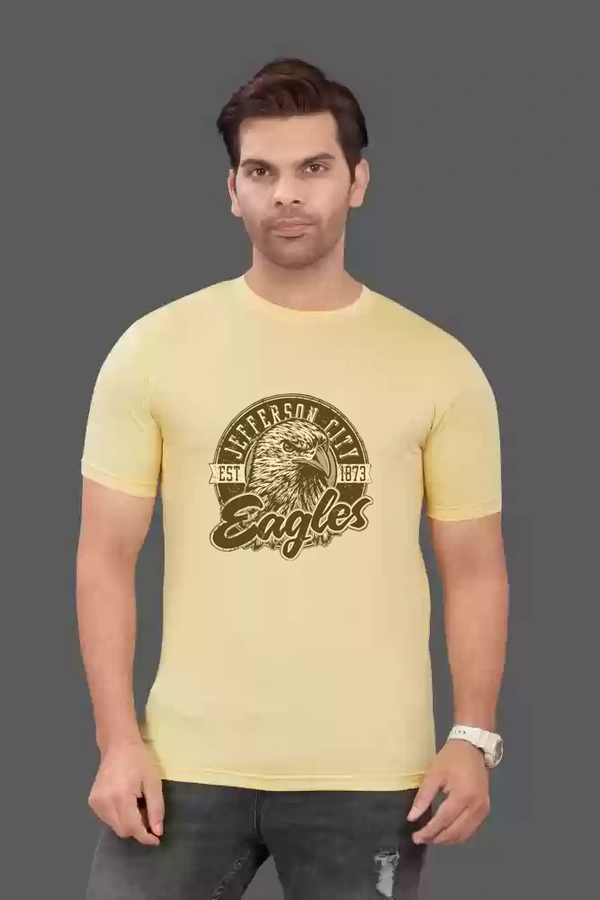 Stylish Round Neck eagle printad polycotton tshirt  - M, Light Yellow