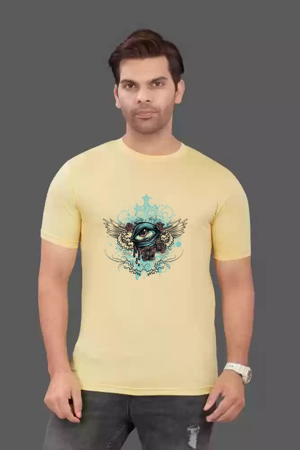 Round Neck Eye printed polycotton men tshirt - M, Light Yellow