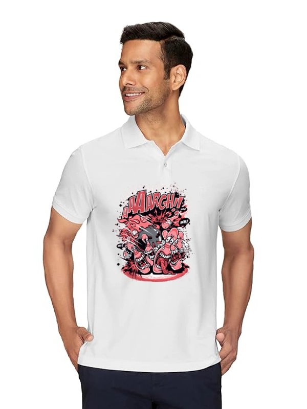 Stylish Cartoon Printed White Polycotton Polos T-Shirt For Men - M, White