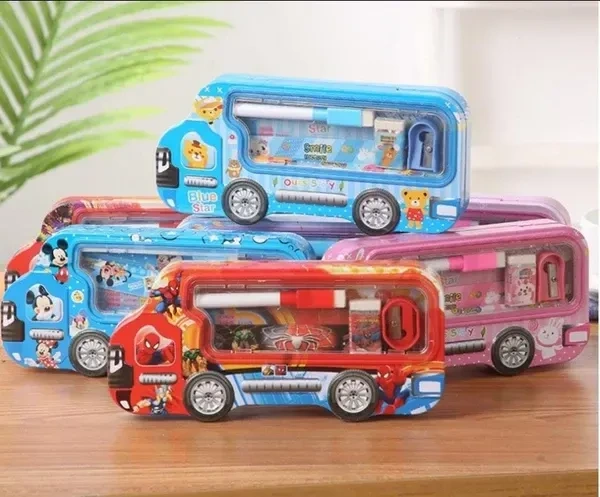 Printed Bus Shaped Double Storage Metal Pencil Box for