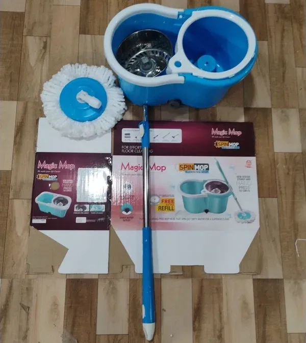 Steel Mop Bucket WITH BOX Spin Mop with Wheels and Stainless Steel Wringer, Bucket Floor Cleaning and Mopping System,2 Microfiber Refills