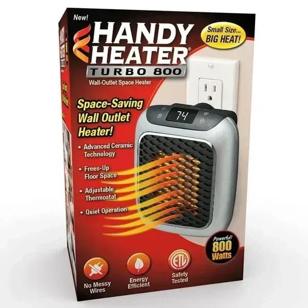 Handy Heater Turbo 800 Wall Outlet Small Space Heater with Adjustable Thermostat, Programmable 12-Hour Timer, Auto Shut Off - Quiet & Space-Saving Ceramic Mini Heater