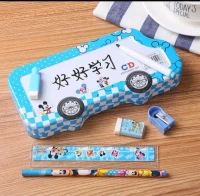 Printed Bus Shaped Double Storage Metal Pencil Box for
