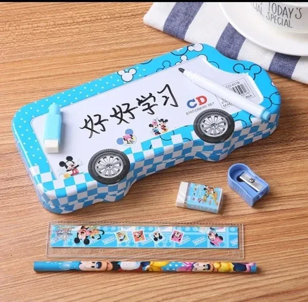 Printed Bus Shaped Double Storage Metal Pencil Box for