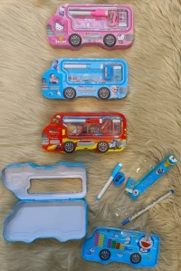 Printed Bus Shaped Double Storage Metal Pencil Box for