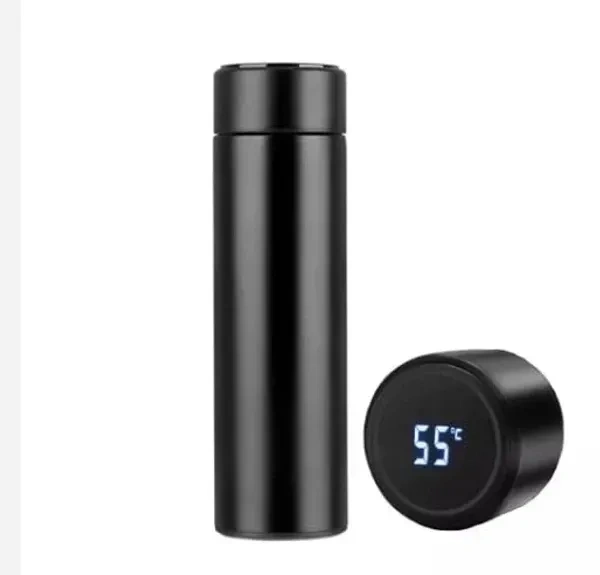 Giveglitz Stainless Steel Water Bottle With Led Temperature Display, Double Wall Vacuum Insulated Water Bottle (Pure Black), 500 ML